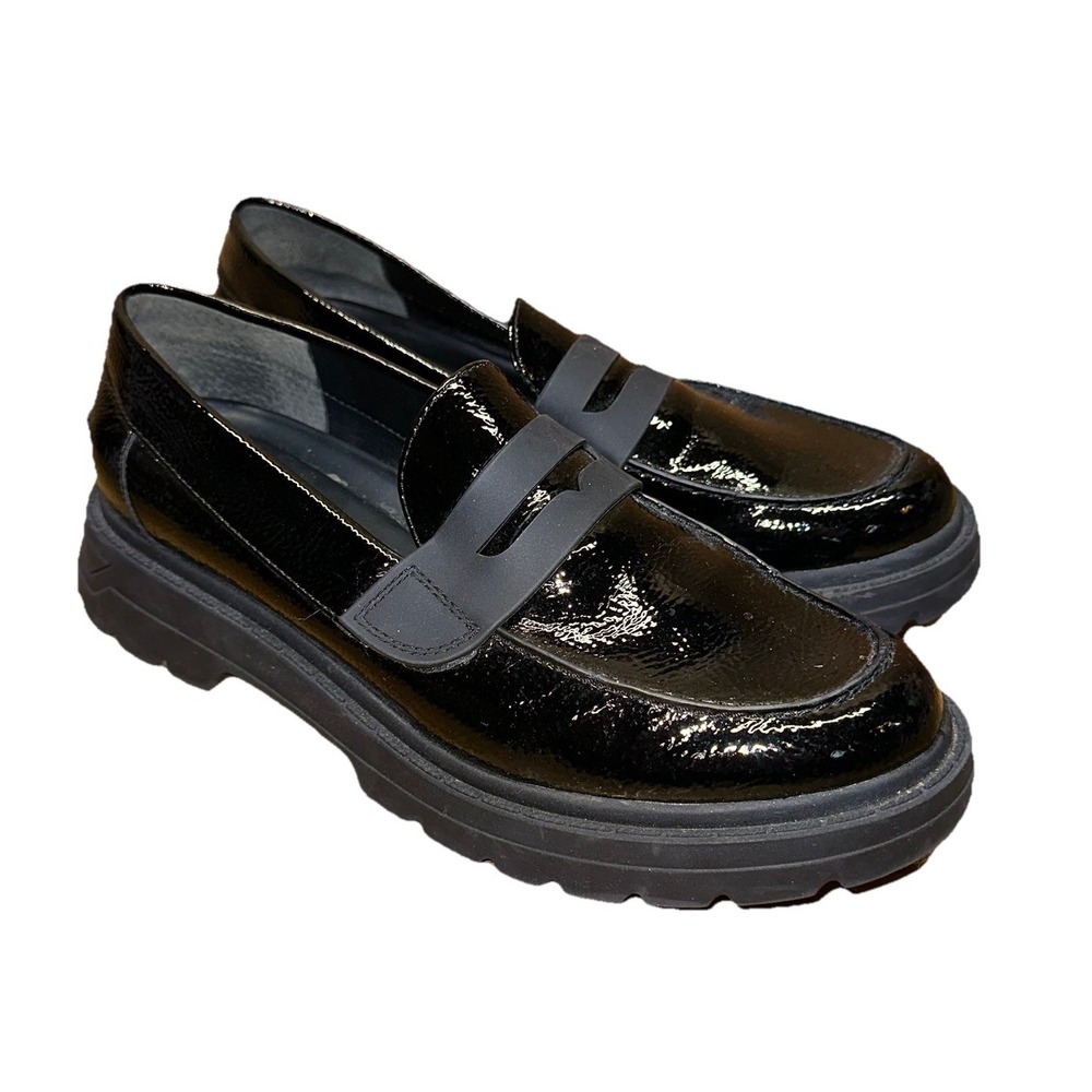 Franco Sarto Ranon Black Patent Leather Chunky Penny Loafer Shoes Womens 8M $110